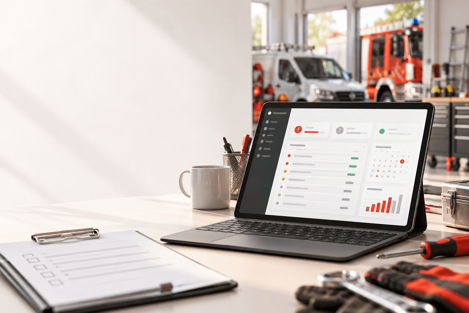 WARTORA-Dashboard auf einem Laptop in einer Werkstattumgebung
